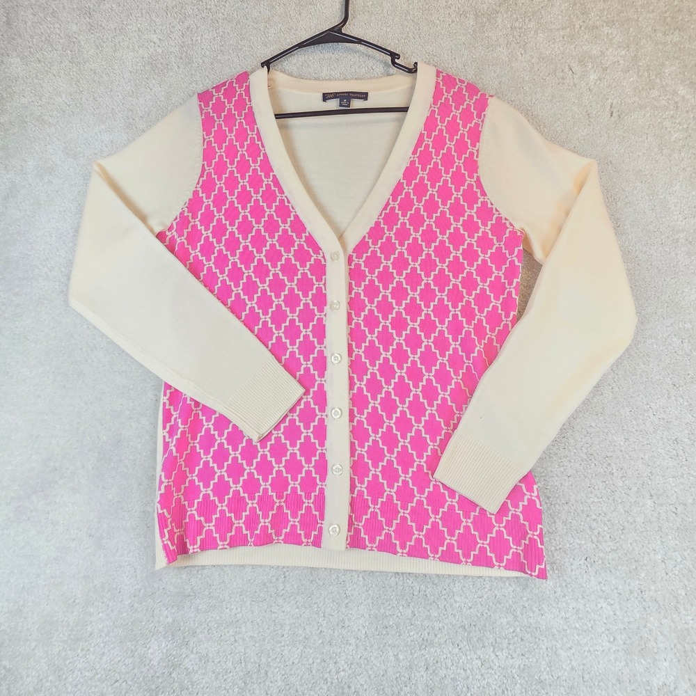 Brooks Brothers 346 Pink Cream Merino Wool Geometric Cardigan Sweater Womens M